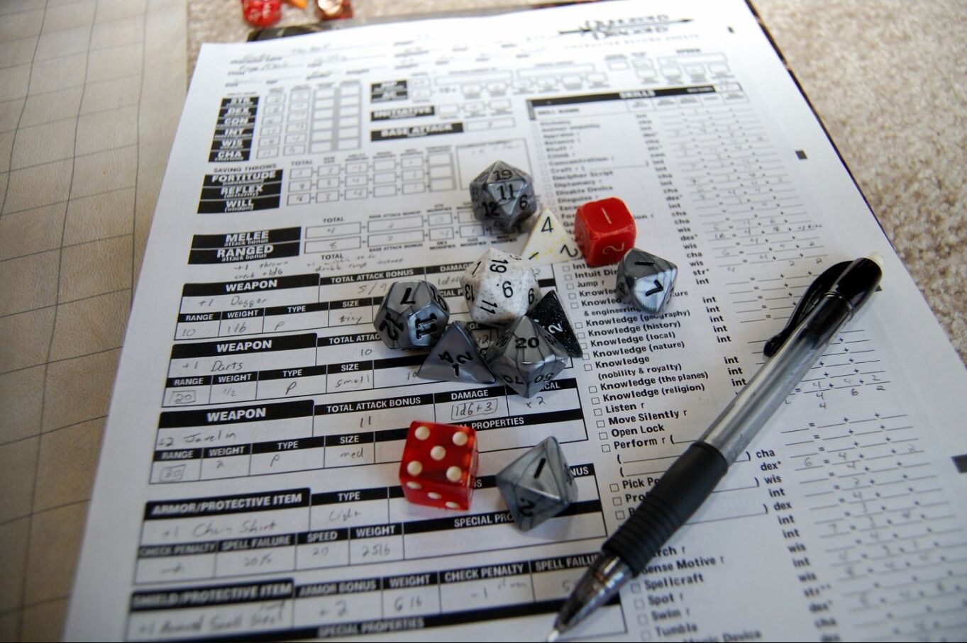 Dice and character sheet on a tabletop